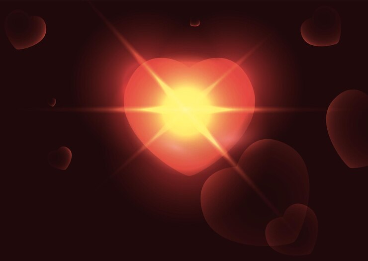 Vector view of beautiful abstract background with glowing hearts and heartshaped lens flare effect