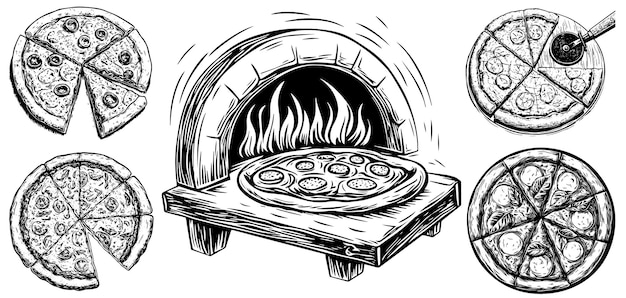 Vintage vector illustration of a pizza oven with a brick design Sketch featuring firewood and an old stone stove for baking Italian margherita pizza