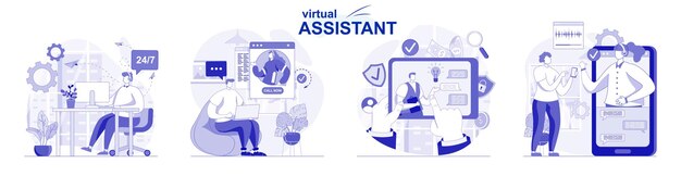 Virtual assistant isolated set in flat design People advise clients resolve issues by video call