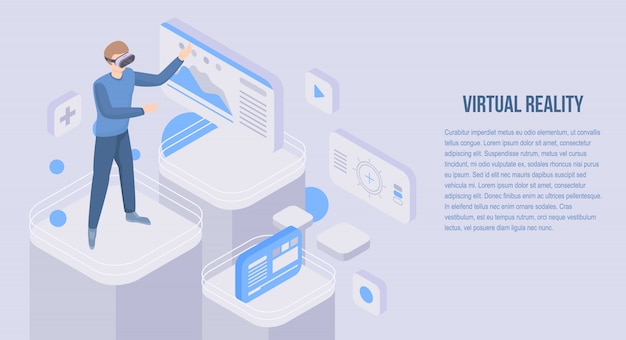 Virtual reality concept banner, isometric style