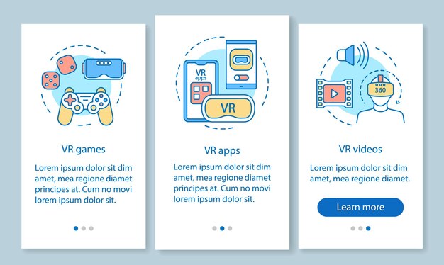 Virtual reality onboarding mobile app page screen with linear concepts. VR entertainment. VR games, apps, videos walkthrough steps graphic instructions. UX, UI, GUI vector template with illustrations