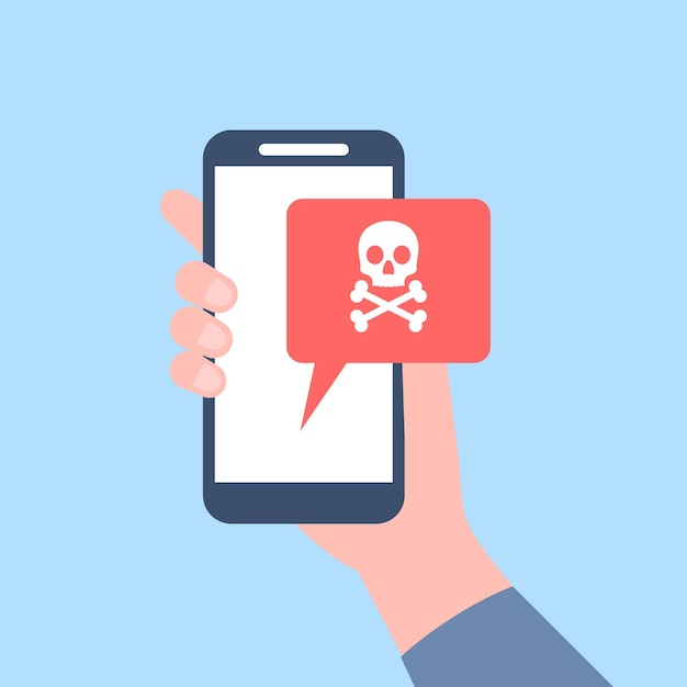 Virus alert on smartphone screen in male hand Alert notification about spam message or scammer Unsafe digital online scam recent vector concept