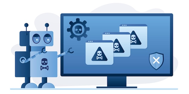 Virus bot robot hacker Network piracy danger Errors on screen Pirate attack artificial intelligence
