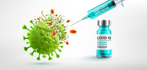 Virus destruction and COVID19 Vaccine with mRNA vaccines bottle and syringe injection