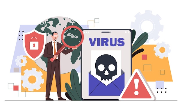 virus hacker attack concept man in suit with magnifying glass near smartphone screen and planet