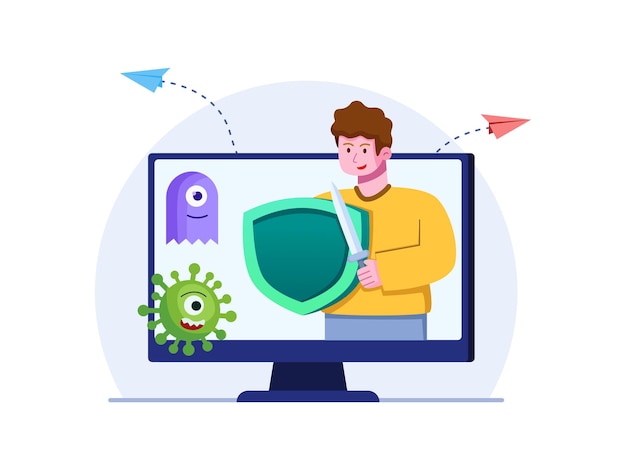 virus protection vector illustration with people use shield and sword.
protect from malware concept.