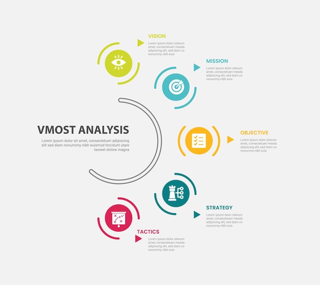 vmost analysis infographic outline style with 5 point template with circular object on half circle base line for slide presentation