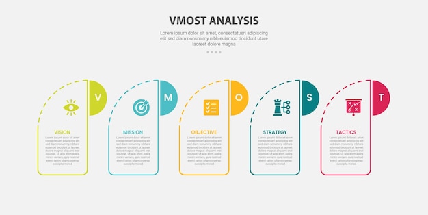 vmost analysis infographic outline style with 5 point template with creative box with round header and half circle badge for slide presentation