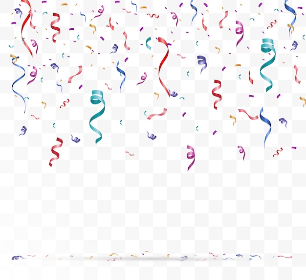 Vô số confetti và ruy băng nhỏ đầy màu sắc trên nền trong suốt. Sự kiện lễ hội và tiệc tùng. Nền đa sắc. Confetti tươi sáng đầy màu sắc được tách biệt trên bục.