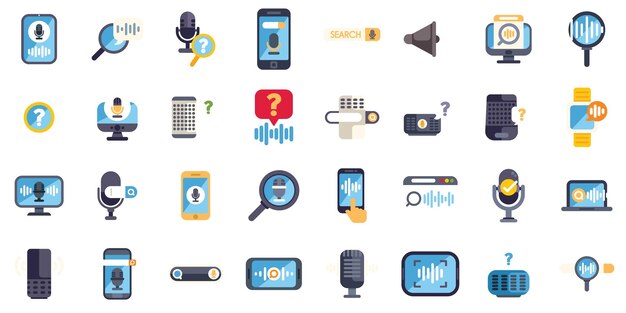 Voice control technology presenting sound recognition system with soundwave sign in flat icons set