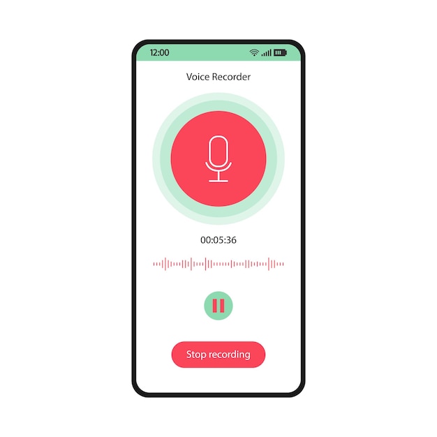 Voice recorder app smartphone interface vector template. Mobile utility page white design layout. Audio recording screen. Sound rec application flat UI. Microphone, pause, stop buttons phone display