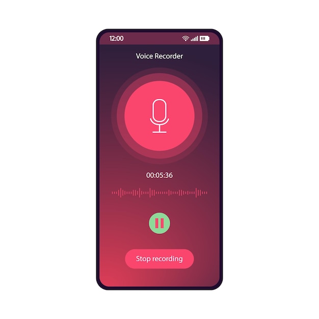 Voice recorder app smartphone interface vector template Sound rec mobile application flat gradient UI Audio recording process page purple design layout Capture pause stop buttons on phone display