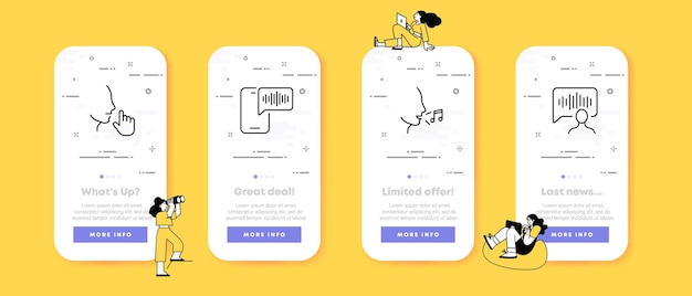 Voice Set icon Voice message voice input song speech conversation sound track music notes recording Talk concept UI phone app screens with people Vector line icon for Business