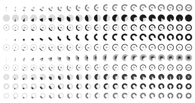 Volume level knob animation Circle control bar animated round loader and rotary knobs vector icon set