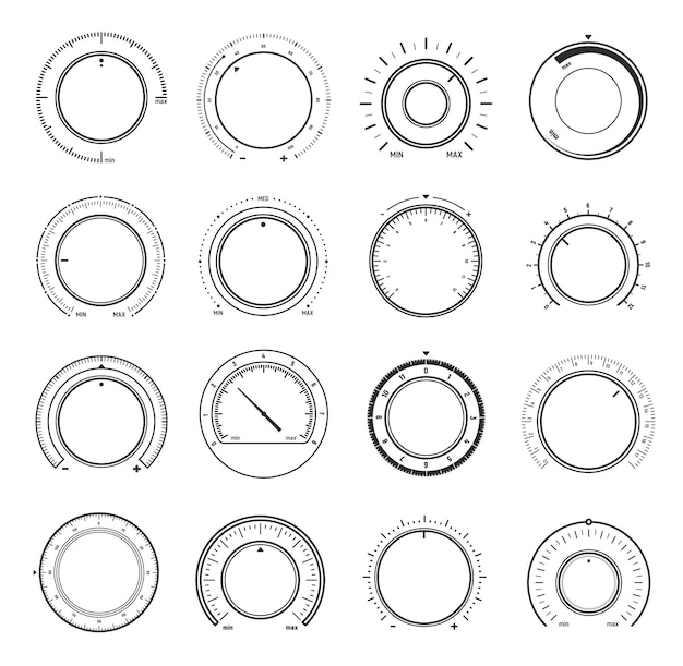 Volume round knob switch music sound controls vector interface regulators and dials Volume level buttons in thin line for music player app or tuner sound UI min and max round knob controls