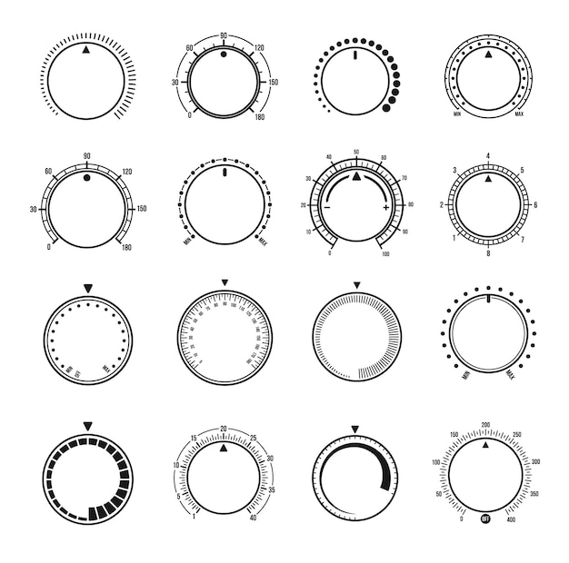 Volume round knob switches and music sound control interface vector regulator dials Linear flat volume level buttons for music player app or sound aux tuner UI min and max switch knob circles