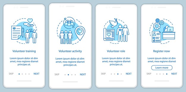 Volunteer becoming onboarding mobile app page screen with linear concepts. Humanitarian help. Volunteer service walkthrough steps graphic instructions. UX, UI, GUI vector template with illustrations