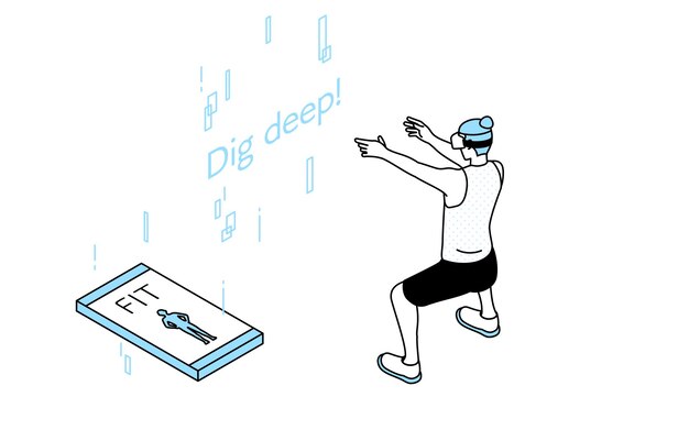VR fitness man wearing VR goggles training squatting