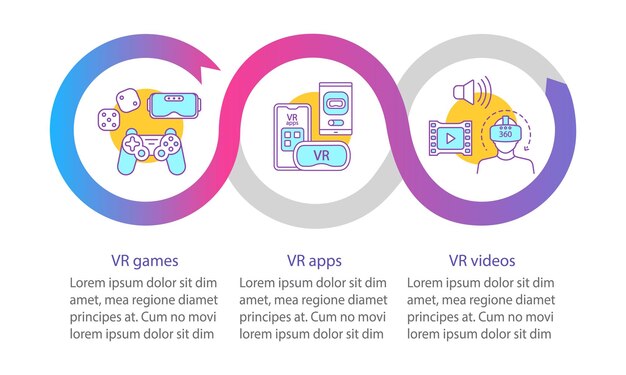 vr programs vector infographic template virtual reality videos apps games data visualization with three steps and option process timeline chart workflow layout with icons