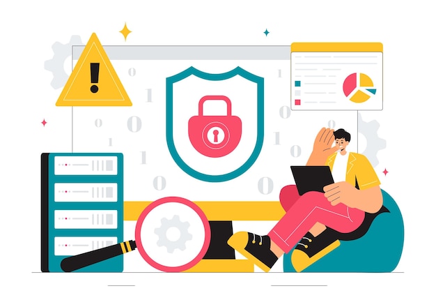 vulnerability and threat management solutions vector illustration featuring data breach security attack hacker fraud and coding issues in background