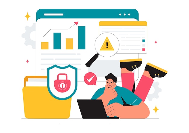 vulnerability and threat management solutions vector illustration featuring data breach security attack hacker fraud and coding issues in background