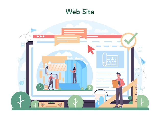 wall papering online service or platform worker gluing wallpapers on the wall professional worker in the uniform repair house website isolated vector illustration