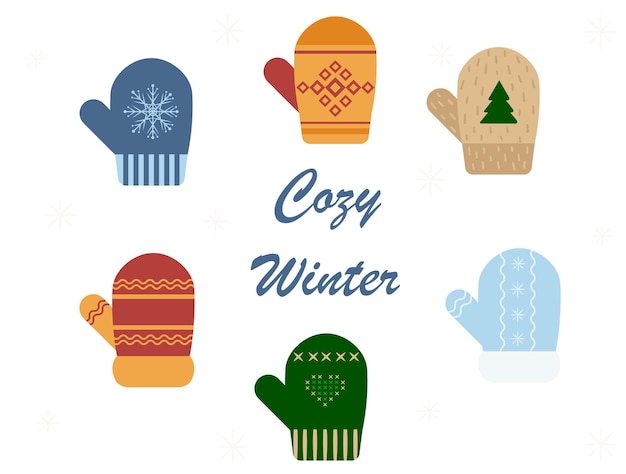 warm winter gloves and mittens set colorful woolen or knitted gloves for frosty weather on a white