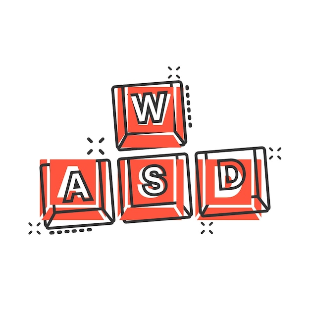 Wasd button icon in comic style Keyboard cartoon vector illustration on white isolated background Cybersport splash effect business concept