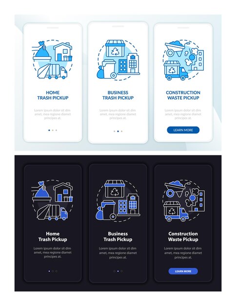 waste material pickup day, night onboarding mobile app page screen