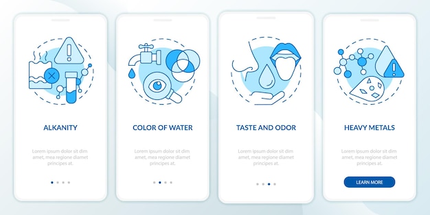 Water quality testing blue onboarding mobile app screen Heavy metals walkthrough 4 steps graphic instructions pages with linear concepts UI UX GUI template Myriad ProBold Regular fonts used