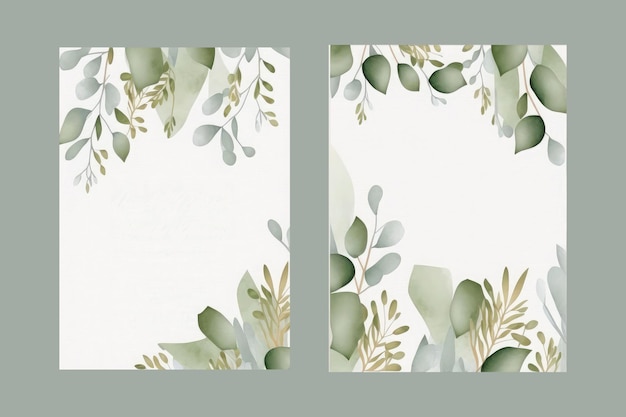 Watercolor vector set wedding invitation card template design with green eucalyptus leaves