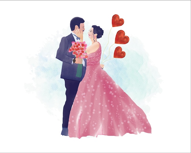 watercolor wedding couples with bride and groom