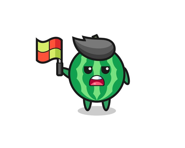 Watermelon character as line judge putting the flag up