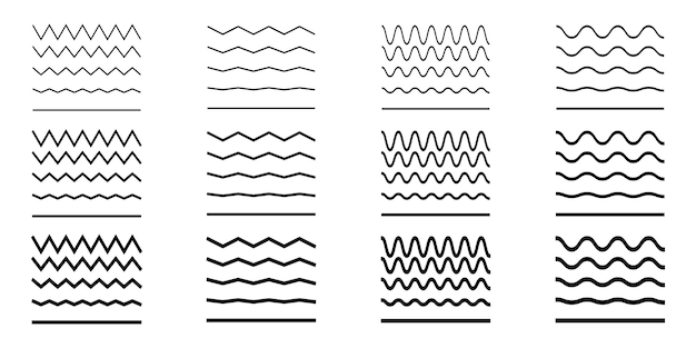 Wave lines set. Wavy zigzag horizontal lines. Curve wave line pattern. Vector set.