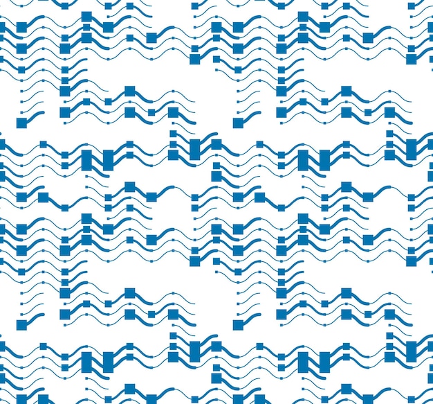 Wavy lines regular repeat endless background, vector abstract seamless pattern, technical digital style blue colored rhythmic waves.