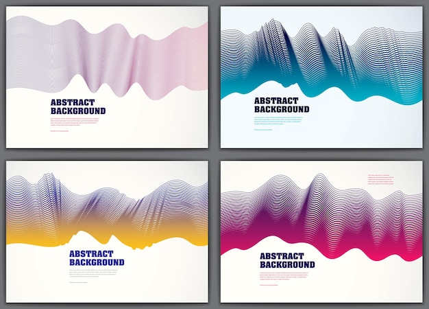 Wavy lines vector fluid abstract backgrounds set. 3d colorful gradient motion art. Lined texture, dynamic surface, curve lines, flow shape.