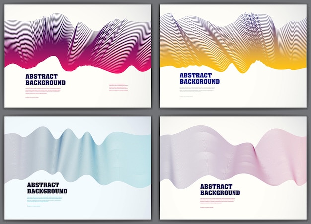 Wavy lines vector fluid abstract backgrounds set. 3d colorful gradient motion art. Lined texture, dynamic surface, curve lines, flow shape.
