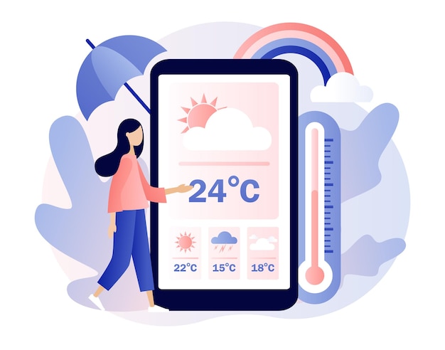 Weather forecast online Tiny girl watching the weather forecast in smartphone app Sun clouds