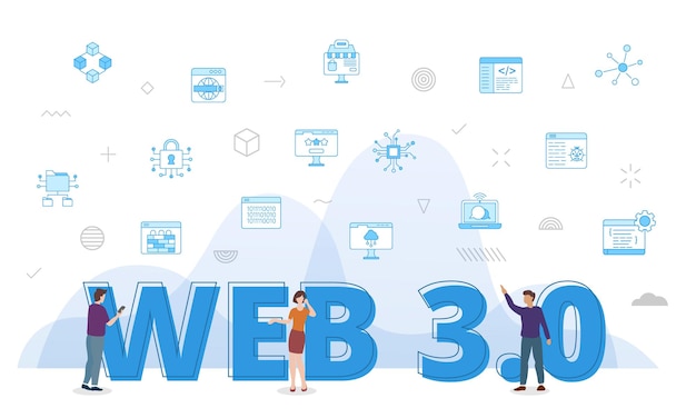 web 30 concept with big words and people surrounded by related icon spreading with modern blue color style