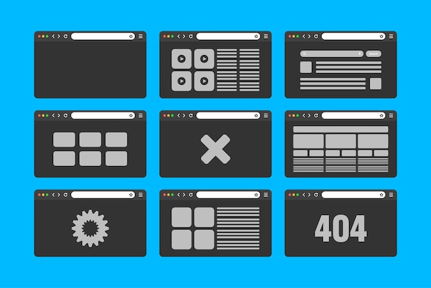 Web browser window pages layout with toolbar and search field modern website internet page in flat