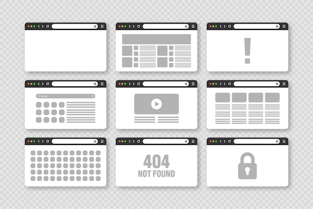 Web browser window pages layout with toolbar and search field modern website internet page in flat