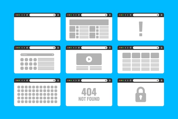 Web browser window pages layout with toolbar and search field modern website internet page in flat