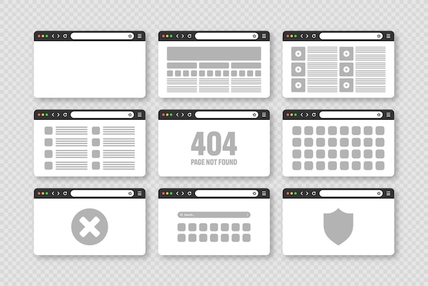 Web browser window pages layout with toolbar and search field modern website internet page in flat