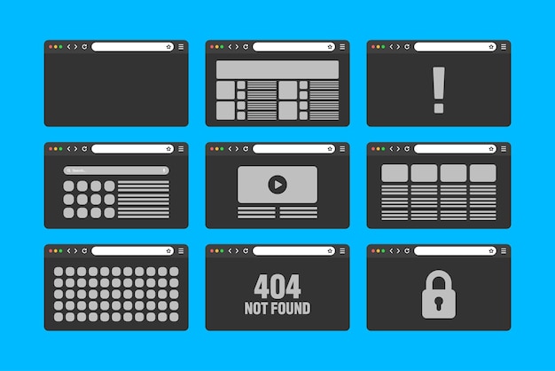 Web browser window pages layout with toolbar and search field modern website internet page in flat