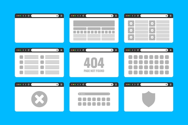 Web browser window pages layout with toolbar and search field modern website internet page in flat