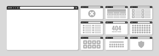Web browser window pages layout with toolbar and search field modern website internet page in flat