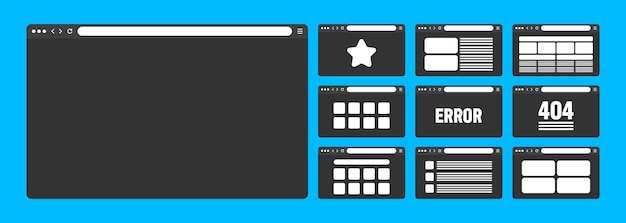 Web browser window pages layout with toolbar and search field modern website internet page in flat