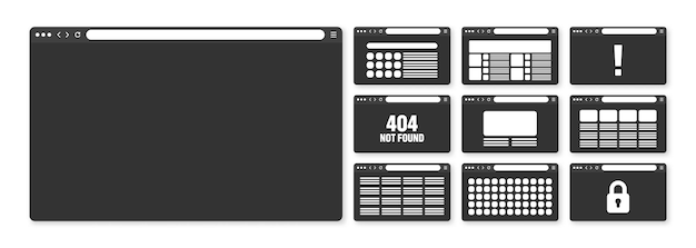 Web browser window pages layout with toolbar and search field modern website internet page in flat