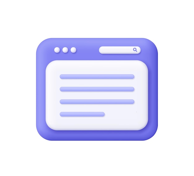 Web browser window with text lines and a search bar User interface 3d vector icon Cartoon minimal