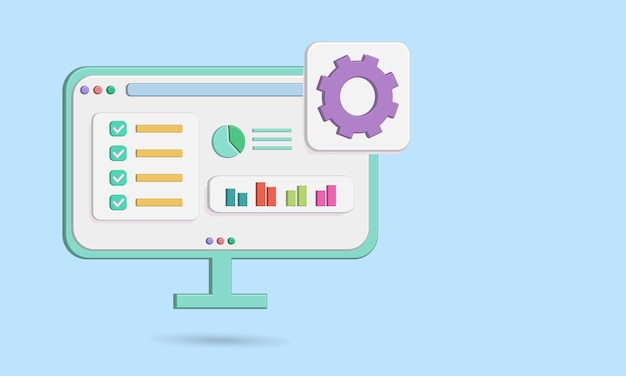 Web business on computer screen with setting, chart, infographic, and checklist